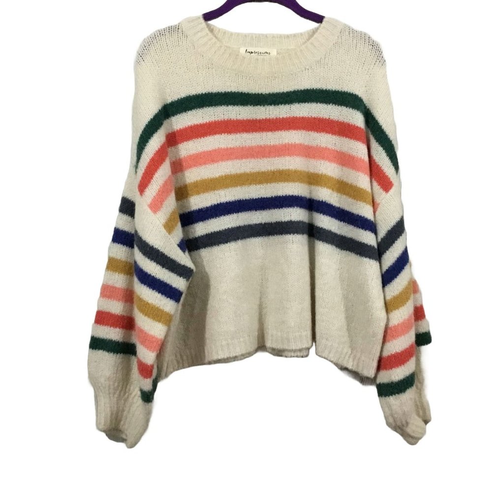 Impressions Cream Rainbow Striped Crewneck Drop Sleeve Cropped Casual Sweater Sm